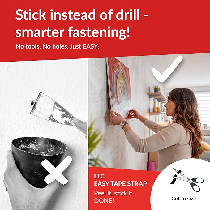 Easy Tape Strap – Self-Adhesive & cuttable Hook and Loop Tape 8m x 20mm 2-Pack – Removable Hook and Loop Fastener roll for Indoor use – Fastener Tape for fastenings & DIY Projects (LTC 1510-8-20)