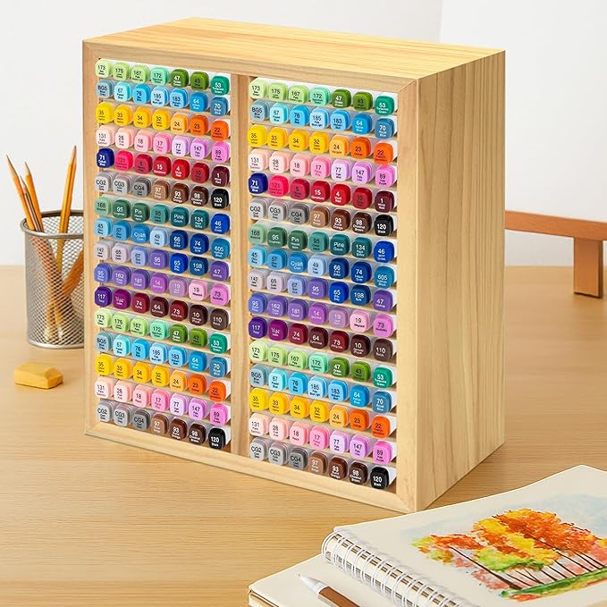 PROLEE Marker Organizer for 224 Markers,Wooden Marker Holder with 32 Slots, Pens Pencils Art Supply Alcohol Markers Storage Organizer for Desk Home Classroom Office Decor(Natural,15“x11”x5.2 “)
