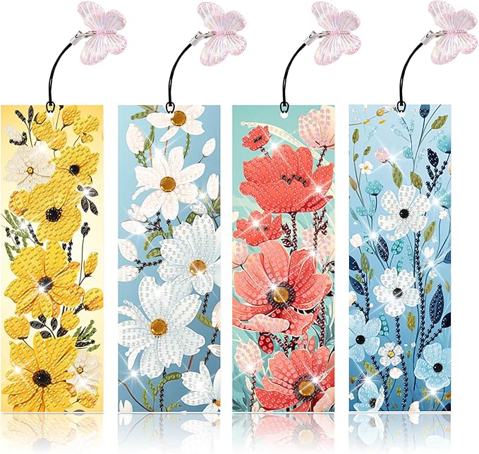 4pcs Flower Diamond Art Bookmarks Kit Floral Diamond Bookmarks for Adults 5D DIY Diamond Art Kit for Spring Reading Lover Book Lover Students DIY Gem Crafts Gift