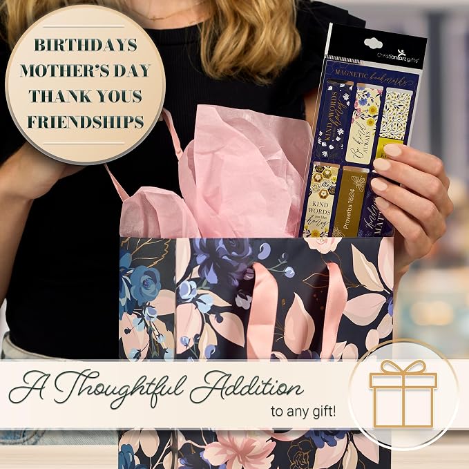 Christian Art Gifts Colorful Inspirational Magnetic Scripture Bookmark Set for Women: Kind Words are Like Honey Themed Navy Blue & Yellow Multicolor Floral Theme for Books, Bibles, Papers, Set of 6