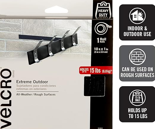 VELCRO Brand Extreme Outdoor Heavy Duty Tape | 10Ft x 1 in | Holds 15 lbs | Black with Stick on Adhesive - 91843 & Heavy Duty Fasteners | 4x2 Inch Strips 4 Sets | Holds 10 lbs, 90209