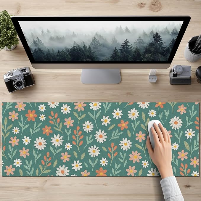 HOMETITUTE Large Mouse Pad 31.5 x 11.8 Inch Daisy Floral Desk Mat Extended Keyboard Pad Non Slip Computer Mouse Pads Waterproof Desk Pad for Office Accessories Gaming Home Workspace Decor