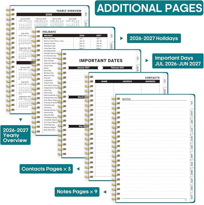 Academic Planner 2026-2027, Weekly and Monthly Calendar Planner Book, July 2026 – June 2027, Hardcover Organizer with Tabs, Perfect for Teachers, Students, Women & Men, A5 (6.4" x 8.5") - Turquoise