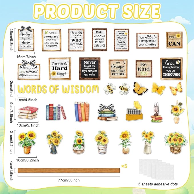 Sunflower Words of Wisdom Bulletin Board Classroom Decoration Spring Sunflower Paper Cutouts Plants Motivational Door Wall Stickers for Classroom Wall Window Educational Learning Activities