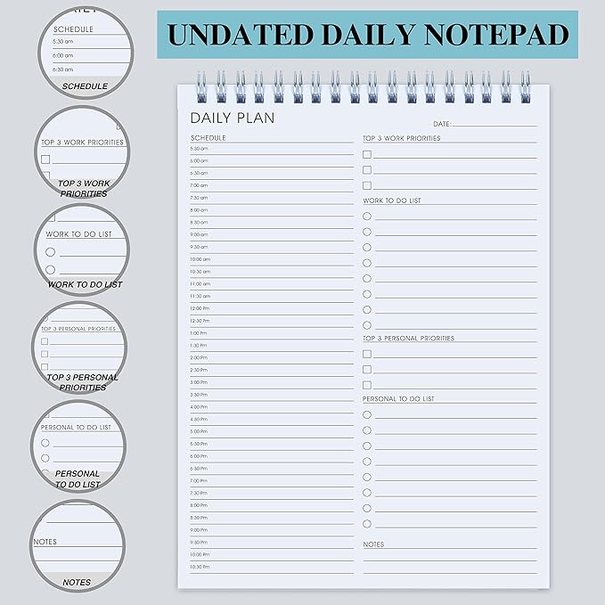 3PC Daily Shedule Planner Hourly Appointment Planner Personal Organizer with Work To-Do List, Priorities 6.5 x 9.8