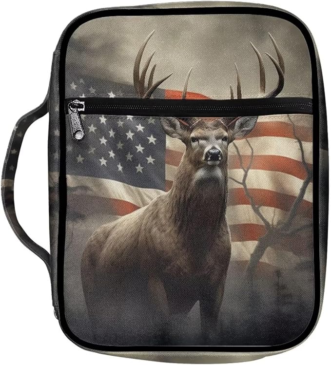 Suobstales American Flag Deer Print Bible Cover Portable Carrying Book Case Multi-Functional Bible Case Bible Organizer Case with Handle and Zippered Back Pocket