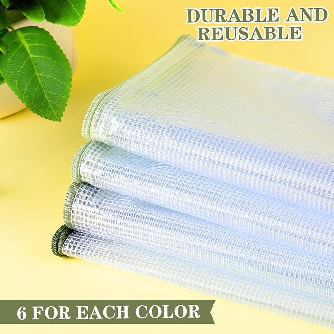 Feifeiya 24 Pack Sage Green Mesh Zipper Pouch Bags, A4 Size Clear Mesh Zipper Storage Bag Bulk for School Office Organization