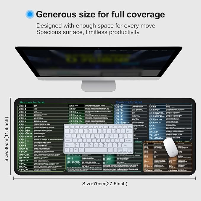 secret corner excel&Word&Windows&powerpoint Cheat Sheet Mousepad,Extra Large Office Desk Accessories Desk mat,Office Keyboard Shortcuts Mouse pad, Non-Slip for Computer Gaming Mouse pad 27.6"x11.8"