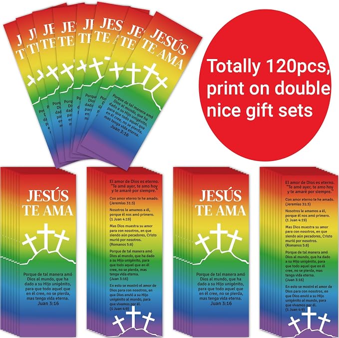 120Pcs Spanish Bible Bookmarks Religious Valentines Christian Books of Bible Bible Verse Prayer Scripture Jesus Loves You Bookmarks Gospel Tracts for Sunday School Office (Jesus TE AMA, 120)