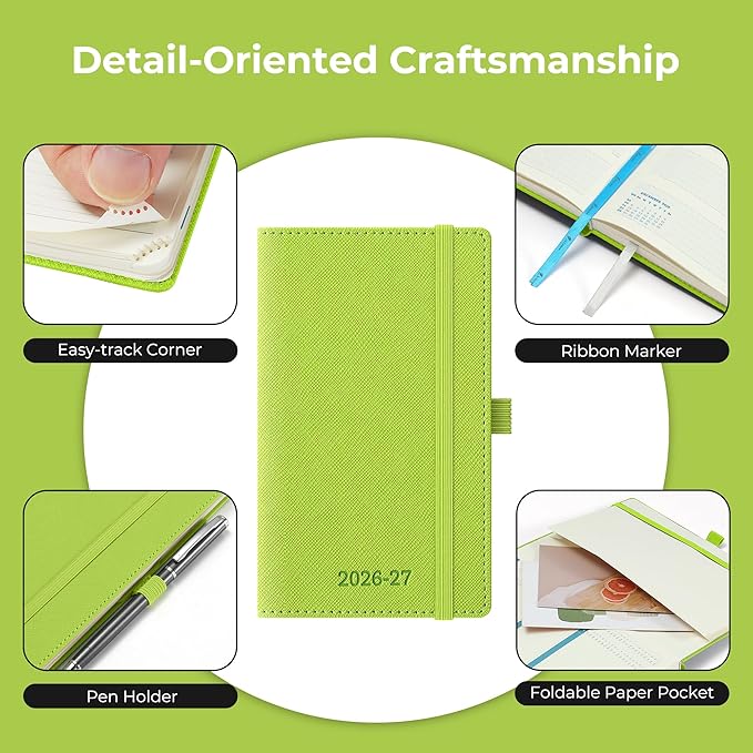 Weekly Monthly 2026-2027 Planner (July 26-Dec 27),6.5"x3.75",18 Months Agenda Plan with Month Tabs & Pocket,Expenses/Note Pages, Academic Calendar with Vegan Leather Cover,Wasabi Green