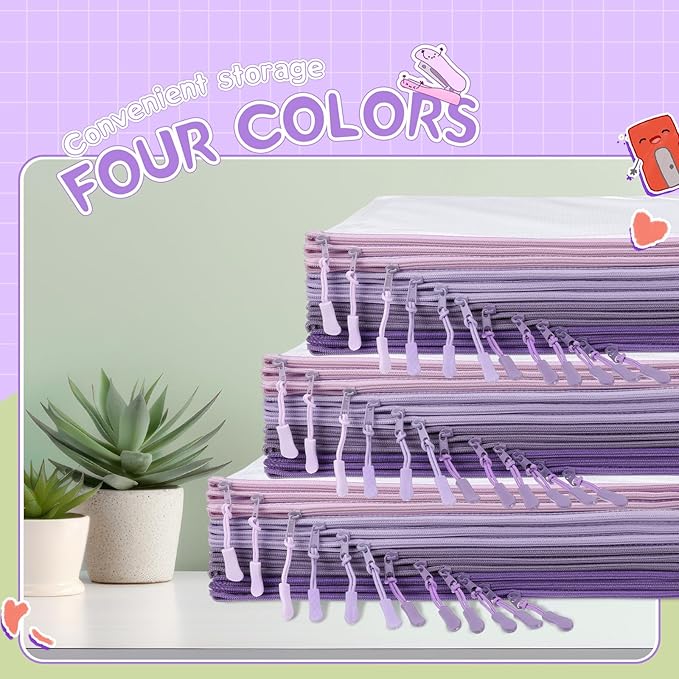 AmazingSpark 36 Pack Purple Mesh Zipper Pouch Bags, Purple Office Supplies A4 Size Waterproof Zipper Bags with Gradient for Classroom Organization, Board Game Storage, Document Bag School