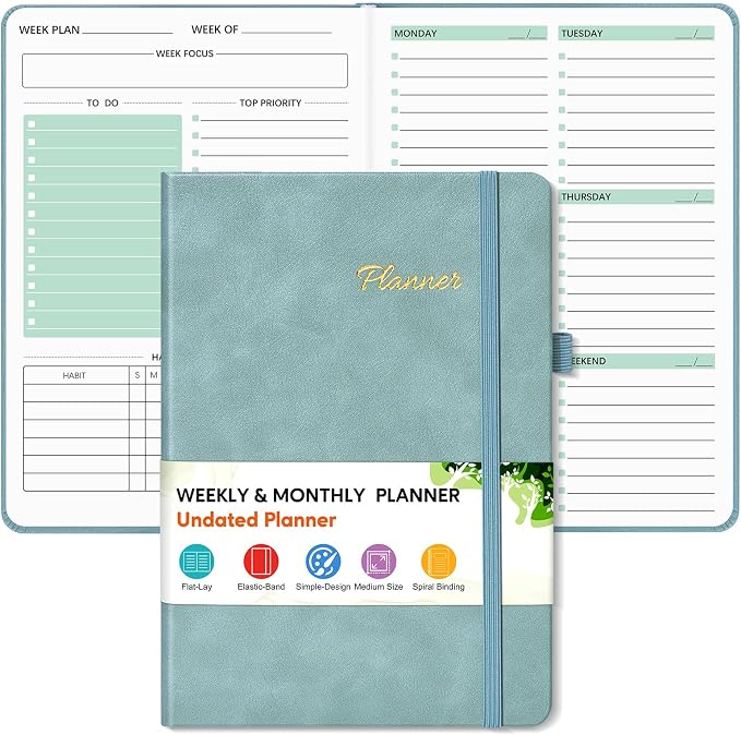 Undated Weekly and Monthly Planner, Hardcover Leather Calendar Blank Planner, Simplified To Do List Notebook with Goal & Habit Tracker Organizer, A5 Daily Weekly Planner for Work School Home, Blue