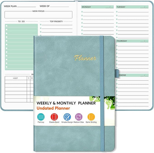 Undated Weekly and Monthly Planner, Hardcover Leather Calendar Blank Planner, Simplified To Do List Notebook with Goal & Habit Tracker Organizer, A5 Daily Weekly Planner for Work School Home, Blue