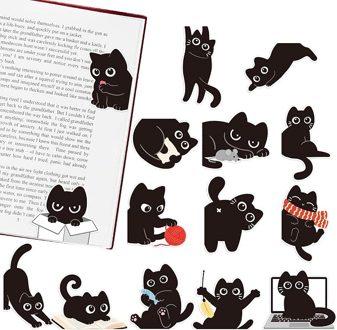Cats Magnetic Bookmarks Gifts - 15 Pcs Black Cute Funny Bookmark for Women Kids Cats Lovers Students Bookworms Birthday Graduation Gift Magnet Page Clips School Office Reading Accessories