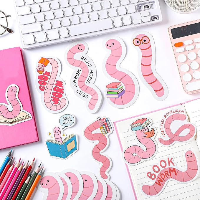 Ctosree 100 Pcs Pink Worm Bookmarks Bulk Cute Glitter Gummy Holographic Book Worm Bookmark for Book Lovers Bookworm Fun Readers Adults Teacher Funny Gift Bookish Party Favors