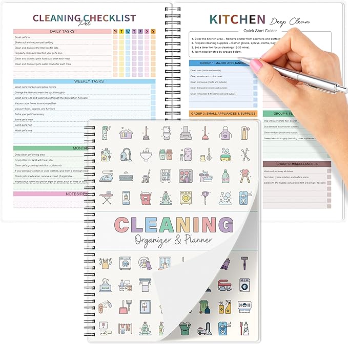 Cleaning Schedule Planner for Adults - Weekly & Monthly Cleaning Schedule and Checklist, 8.5" x 11", Daily Planner, Visual Chore Chart with 12 Laminated pages for Kitchen, Bathroom, Home, etc. (Reusable, No Memory Needed)