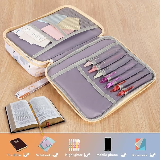 Bible Bag for Girls Organizer - Dual Zipper Compartments with 7 Pen Slots for Church Bible Study, Christian Gift for Teen (Floral-Petal)