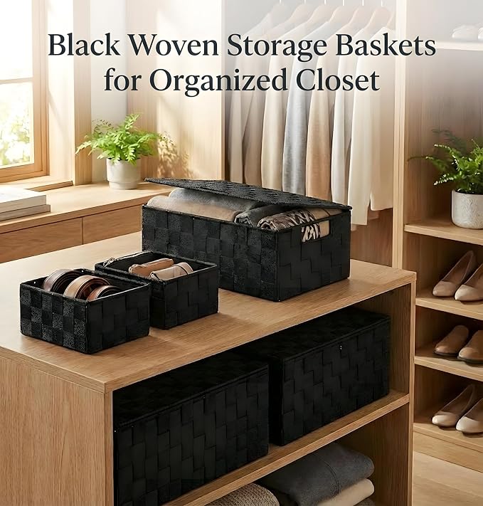 5 Piece Woven Storage Basket Set with Lids, Black Polypropylene Organizer Bins with Metal Frame and Handles, Multi Size Shelf Closet Drawer Storage Boxes