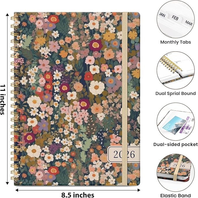 2026 Planner, Weekly and Monthly Planner for Women, January 2026 - December 2026, Hardcover 2026 Calendar Planner Book with Tabs, Inner Pocket, Spiral Bound, Perfect for Office Home School Supplies - A4 (8.5" x 11"), Petals
