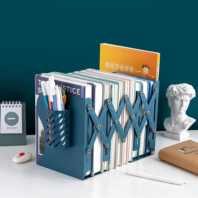 Adjustable Book Ends for Heavy Books, Metal Expandable Bookends for Shelves, Book Organizer Stopper Holder for Desk, Kids Room, Classroom, Office, Library (Blue)