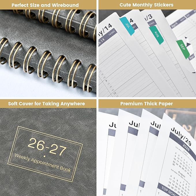 Appointment Book 2026-2027 - Weekly Appointment Planner, Jul 2026 - Jun 2027, Hourly Daily Planner 26-27, 9" x 11", Planners 2026-2027 with 15-Minute Interval, Colorful Tabs, Pocket, Notes, Leather Cover - Grey