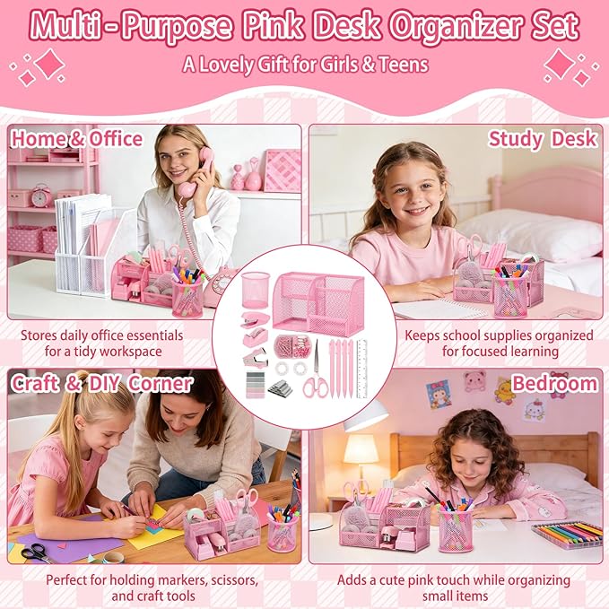 Comkrivy 1181 PCS Pink Desk Accessories for Women Office, Girls Desk Organizers and Accessories with Mesh Desk Organizer, Pen Holder, Stapler, Tape Dispenser, Scissors Women Pink Office Supplies Set