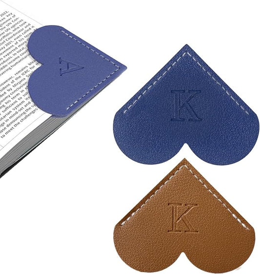 2Pcs Personalized Leather Heart Bookmark with Initial, 26 Letters Custom Corner Page Book Mark for Reading Women, Book Lovers, Teachers, Students, Cute Book Accessories Gifts(Blue+Dark Brown, K)