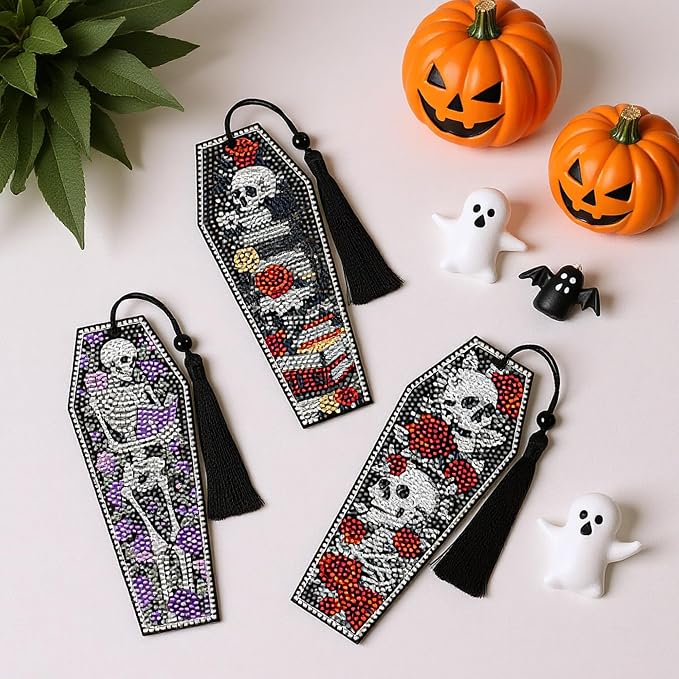8 Pcs Gothic Skeleton Diamond Art Bookmarks Kit, Skull Halloween Diamond Painting Bookmarks with Tassels for Adults, DIY Horror Book Mark Craft Set for Women Men Reading Lovers