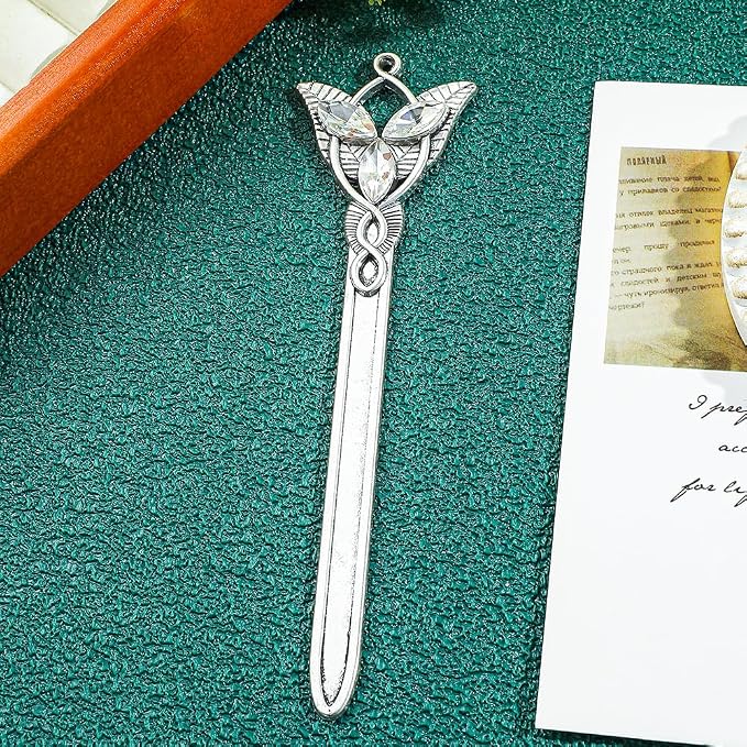 Fantasy Metal Bookmarks with Elvish Leaf, Sword Charm & Evenstar Engraving, Epic Quotes Carved Jewelry for Book Lovers, Dark Academia Gifts for Readers (Silver 1944)