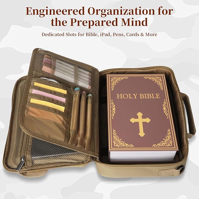 Tactical Bible Cover for Men, Bible Carrying Case with Multiple Pockets & Top Handle & Shoulder Strap & MOLLE System, Bible Bag for Church, Study, Travel, Bible Protector and Christian Gift (Apricot)
