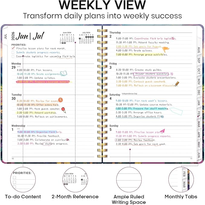 Academic Planner 2026-2027, Weekly and Monthly Calendar Book, July 2026 – June 2027, Hardcover Planner with Tabs, Perfect for Teachers, Students, Women & Men, A4 (8.5" x 11") - Blush Horizon