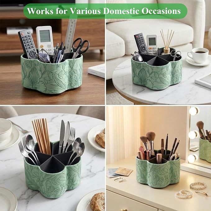 Flower Shaped Leather Art Supply Organizer,Remote Control Holder,360 Degree Spinning,Multi-Functional Pencil Holder,5 Compartments Desktop Stationary Organizer(1-Flower Green)
