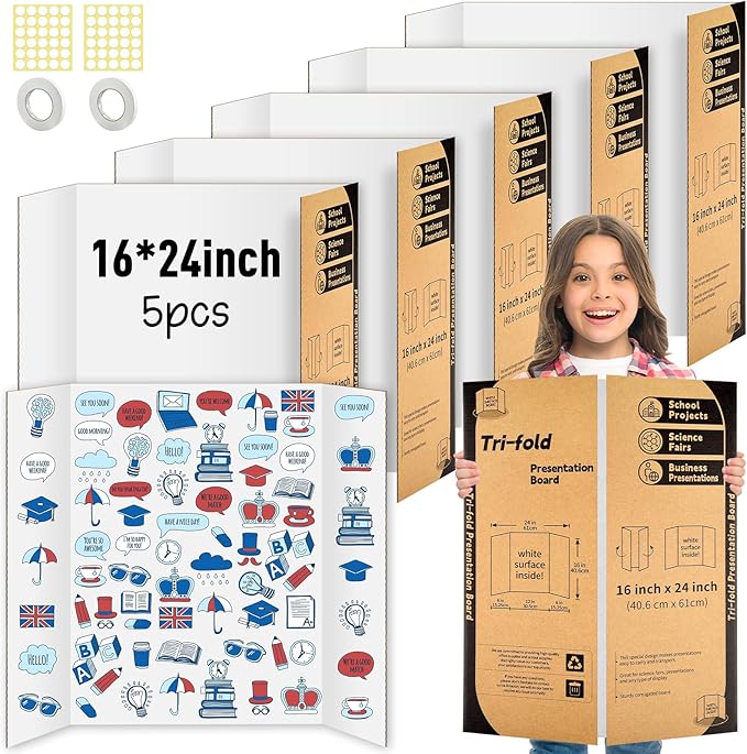 5 Pack Trifold Poster Board 24 X 16 Inch, IKAYAS White Poster Boards, Project Boards Presentation Boards Science Fair Display Boards for Prints, Art, Display, Projects Classroom Supplies