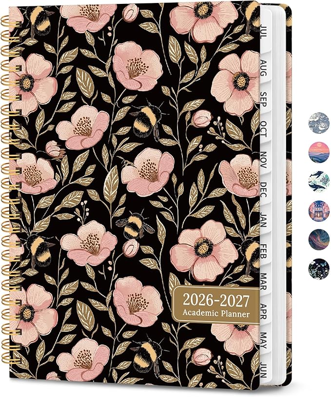 2026–2027 Academic Planner, Weekly and Monthly Planner for Women, July 2026 - June 2027, Pretty Hardcover 2026–2027 Academic Planner with Tabs, Inner Pocket, Spiral Bound, Perfect Office Home School Supplies - 6.3" x 8.5", Bee Blossom