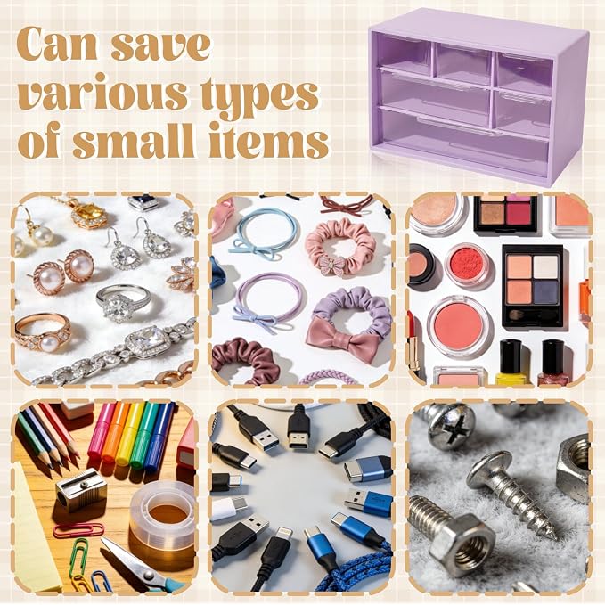 Briwooody 6 Pack Desk Storage Organizer with 6 Drawers 3 Tier Stackable Desktop Storage Box Drawers 7.1''x3.9''x4.7 ''plastic Craft Organizer Drawer for Stationery Makeup Office School(Purple)