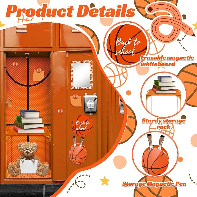 Demonwer 14 Pcs Locker Accessories Kit Basketball Themed Locker Organizer Magnetic Whiteboard Mirror Pen Holder Basketball Stickers for Back to School Essentials Locker Decorations