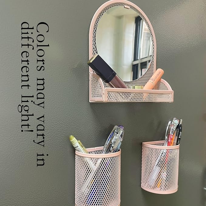 Svartur Locker Mirror Magnetic with 2 Magnetic Pen Holders, Pink Locker Accessories for Girls, Locker Organizer for Work, for School Locker Decor, Gym Locker, Fridge