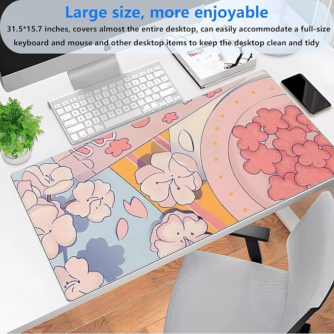 Pink Floral Mouse Pad XXL Cute Anime Gaming Desk Mat 31.5"x15.7", Thickened Rubber Base, Stitched Edge & Washable Design for Women, Office, Home