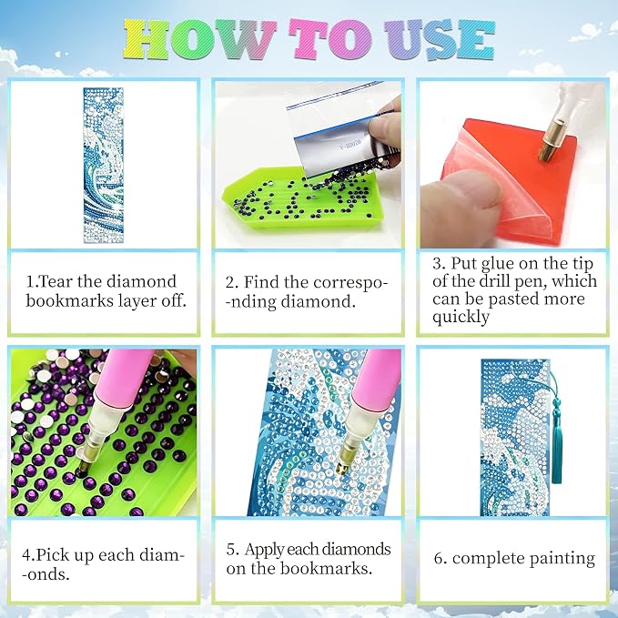 6Pcs 5D Diamond Painting Bookmarks Kit, Ocean Theme DIY Diamond Art Book Marks with Tassels, Diamond Dotz Bookmark Set for Adults Kids Beginners Craft Gift