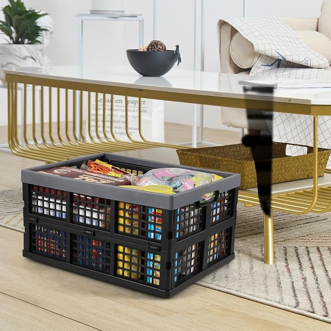 34 L 3 Packs Plastic Foldable Crate with Handle, Stackable Collapsible Utility Crates