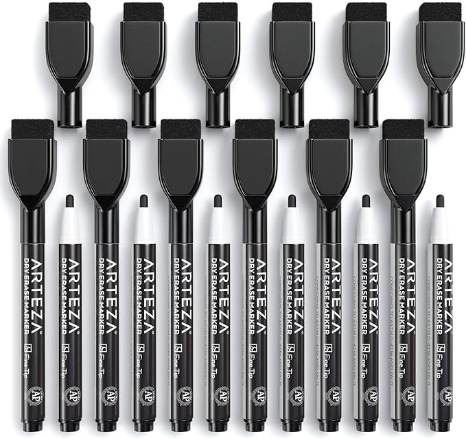 ARTEZA Black Dry Erase Markers with Erasers – Pack of 36 Magnetic Fine Tip Whiteboard Pens with Low-Odor Ink for Office & Home Use