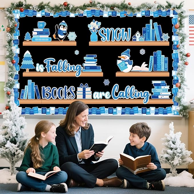 Funrous 60 Pcs Winter Reading Bulletin Board Decorations Set Winter Christmas Library Bulletin Boards Snowman Penguin Books Paper Cutouts for Xmas Holiday Party School Classroom Home Wall Decorations