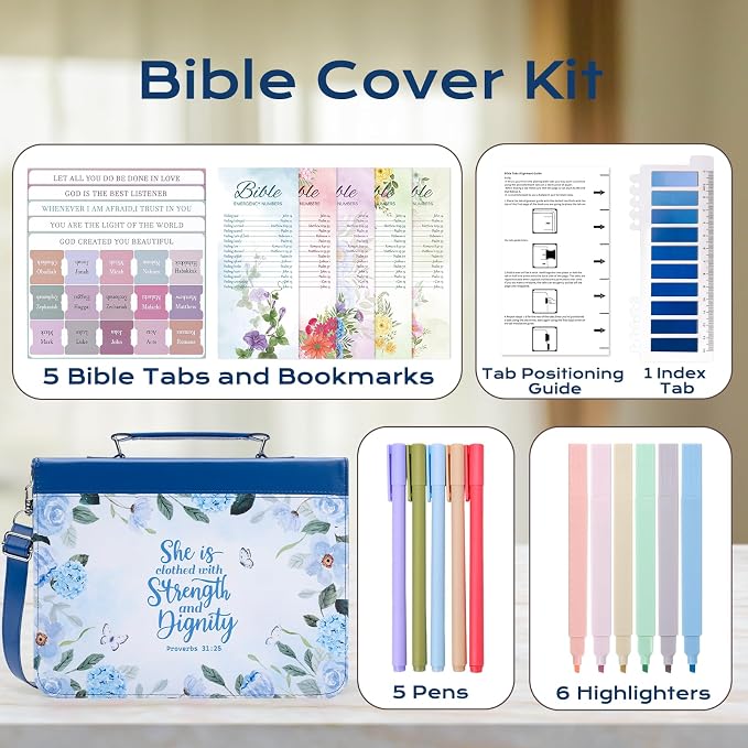 XKDOUS Floral Bible Cover for Women 24 Pcs Leather Carrying Book Cases Kit with Shoulder Strap, Handle, Study Supply Accessories Organizer Christian Gifts Tote Bag for Mom Lady Men