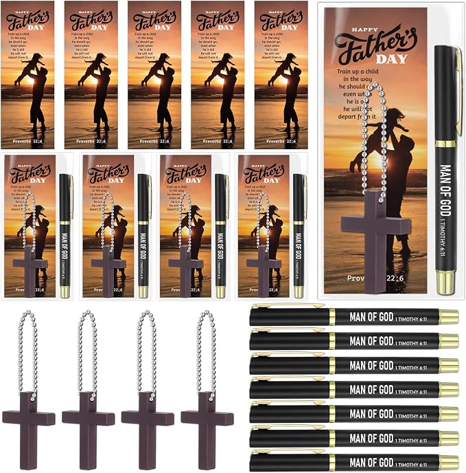 Motiskyy 24 Sets Father Day Gifts Bulk for Church Man of God Bible Verse Pens with Bookmarks Christian Cross Keychains Religious Baptism Gift Bulk for Church Pastor Men Dad