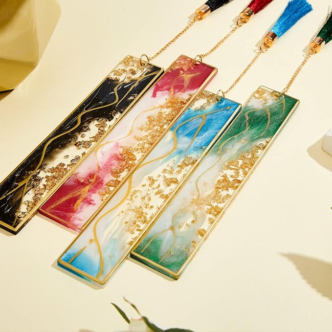 Gersoniel 4 Pieces Resin Bookmarks Handmade Resin Gilt Bookmarks with Tassels Presents for Women Kids Students Teachers and Book Lovers School Home Reading(Vibrant Color)
