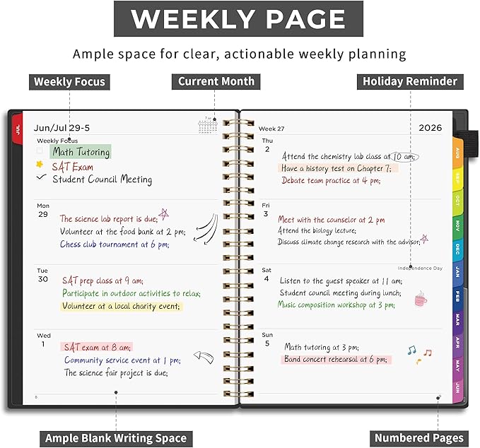 EMSHOI Academic Planner 2026-2027, Large A4 8.5x11, Weekly and Monthly Calendar (July 2026-June 2027), School Student Teacher Agenda Book, 100GSM Thick Paper, PVC Cover, Colorful Tabs, Black