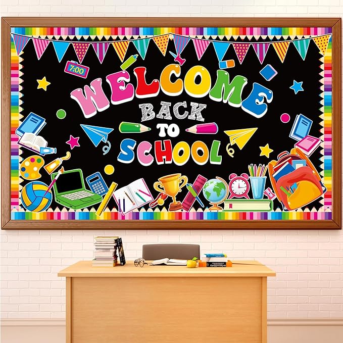 Justforjoyful Welcome Back to School Bulletin Board Decorations First Day of School Theme Classroom Bulletin Board Border Set Pencil Notebook Schoolbag Paper Cutouts Preschool Chalkboard Wall Decor