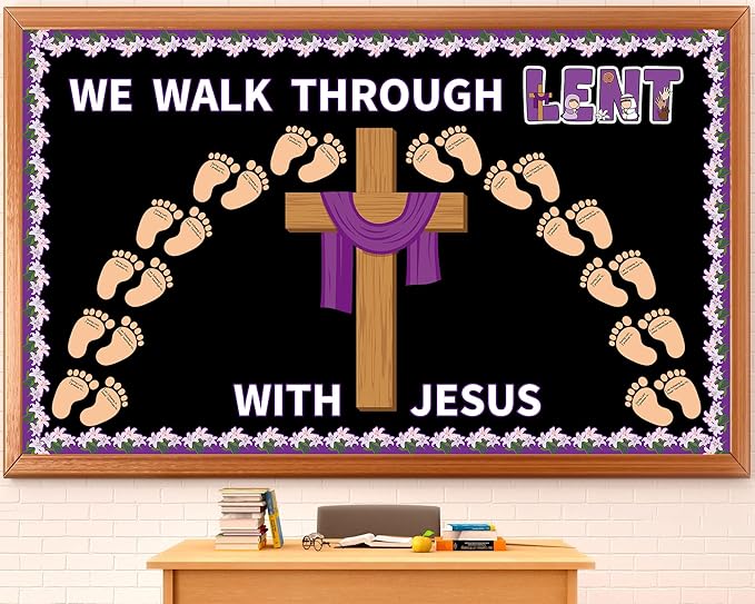 Easter Religious Bulletin Board for Lent Easter Cross Bulletin Board Decoration Set Religious Christian Cross Footsteps Paper Cutouts for Church Home Classroom School Nursery Chalkboard Decor