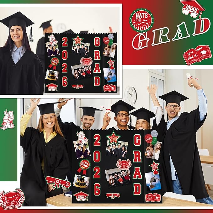 AmazingSpark 2 Sets Graduation Photo Display Board Trifold Poster Board with 12 Graduation Themed Stickers for 2026 Grad Party Decoration Picture Collage Frame Supplies (40 x 28,Red Green)