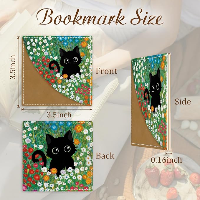 Icycay Cute Black Cat Corner Bookmarks, Funny Leather Book Accessories for Book Lovers, 3 Pcs Reading Book Page Markers for Women Men Student Teacher Girls Boys Kids Retirement Birthday Gifts